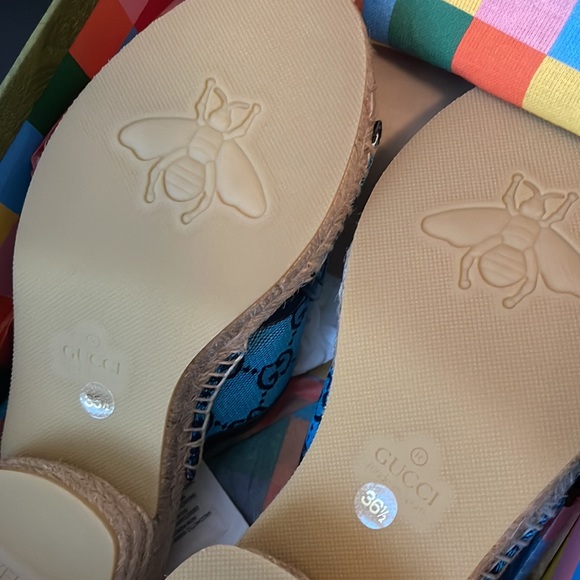 Gucci Sandals Fabric New Espadrille Canvas GG/Napa Charlotte light blue 6.5 - Picture 8 of 10